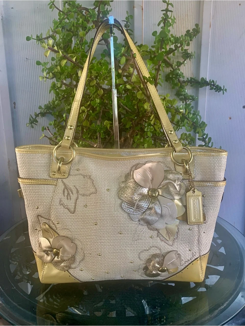 Coach Limited Edition Hampton Cream Tote with Gold Floral Appliqués